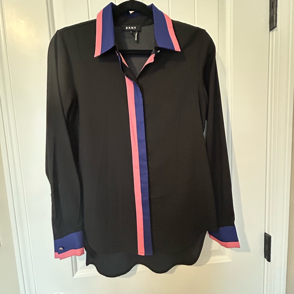 DKNY size XS black button down tunic blouse top ladies dressy shirt